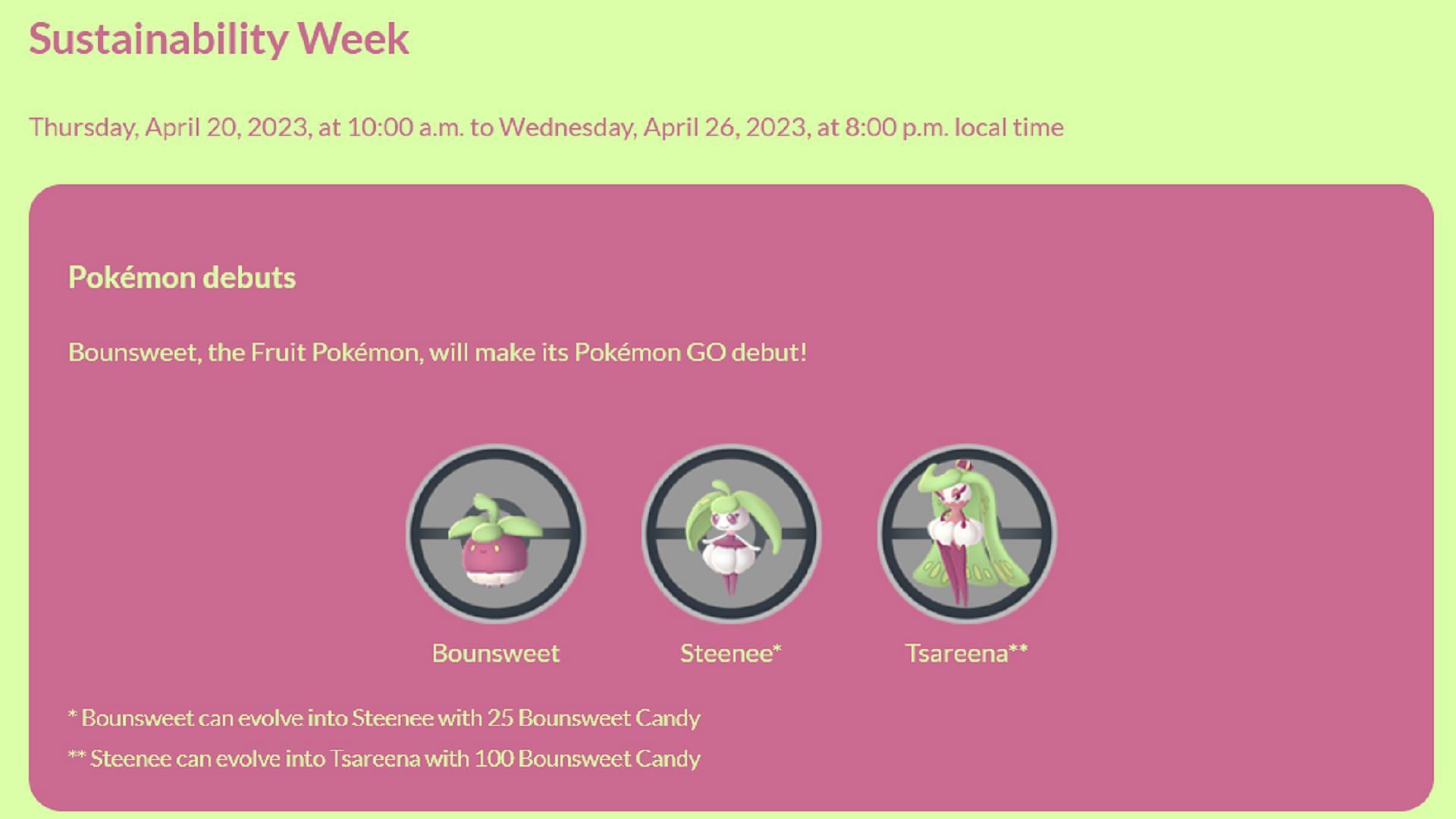 Bounsweet and its evolutions aren't marked with the shiny variant confirmation in the Pokemon GO announcement (Image via Niantic)